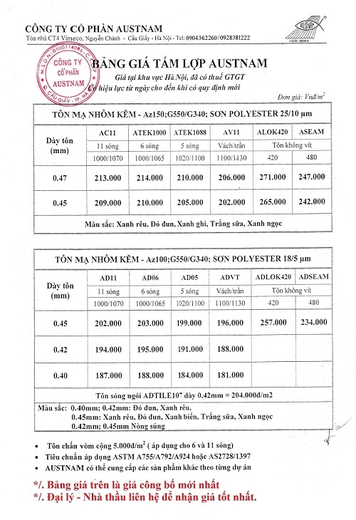 Báo giá tôn Austnam 1 lớp