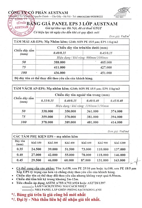 Báo giá tôn xốp EPS 3 lớp 2 lớp tôn Panel