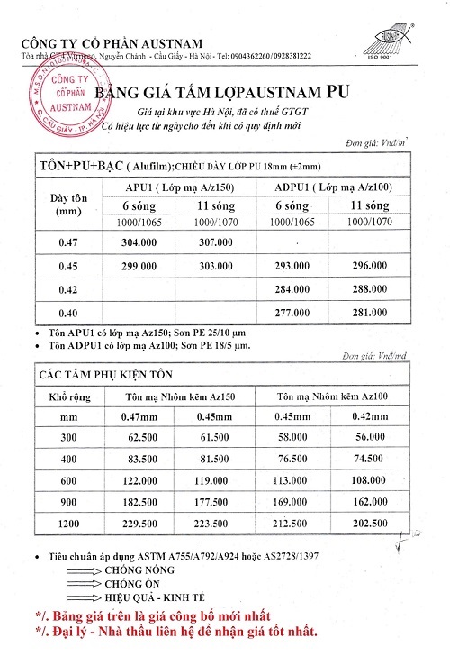 Báo giá tôn Austnam xốp PU