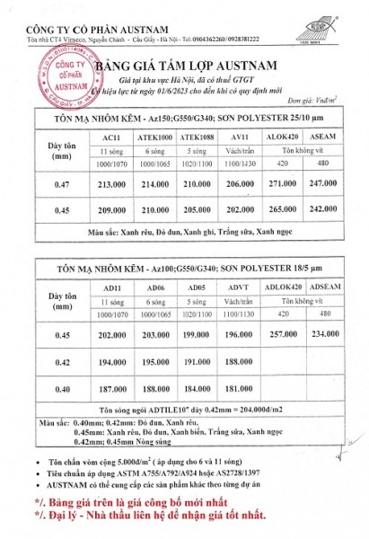 Báo giá tôn Austnam 1 lớp Mới nhất