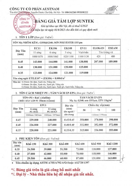 Báo giá tôn Suntek mới nhất