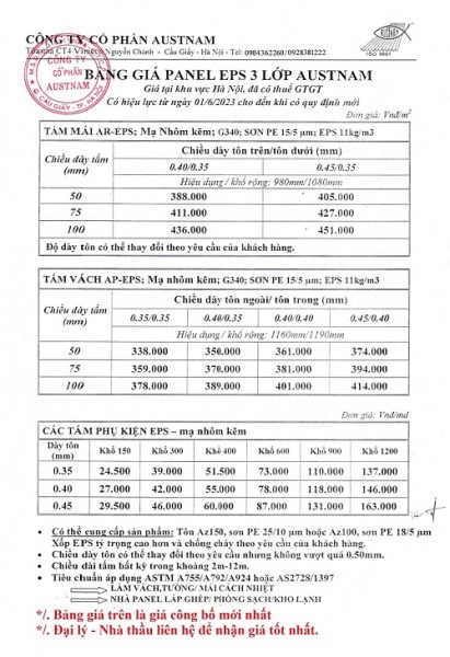 Giá tôn Austnam 3 lớp 2 lớp tôn xốp EPS mới nhất