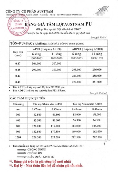 Báo giá tôn 3 lớp Austnam xốp PU Chống nóng chống ồn